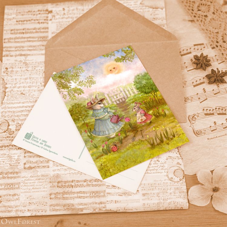 Открытка «Цветы и зайки»