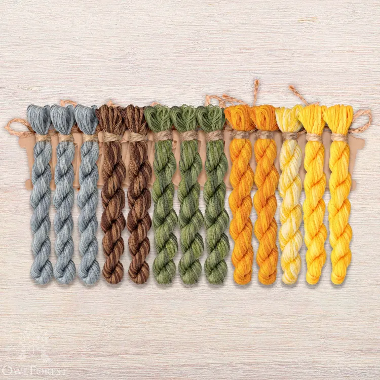 Набор ниток OwlForest для схемы «Ночные трели янтарных птиц» (DMC)